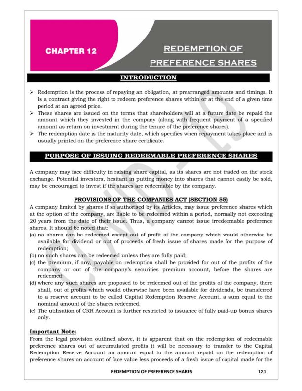 Redemption of Preference Shares Question Bank 