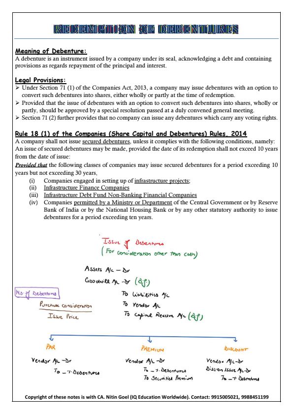 Redemption of Debentures Notes and Questions with Solutions 