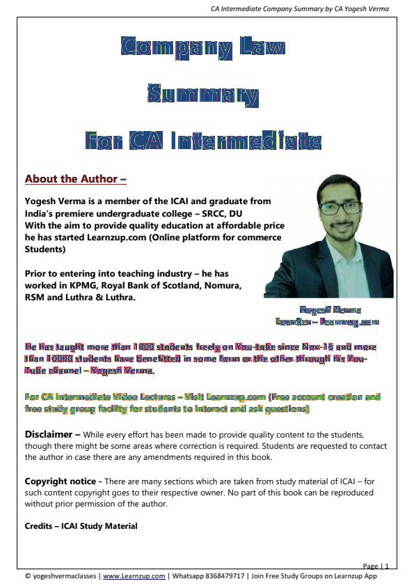 Company Law Summary Book by Yogesh Verma 