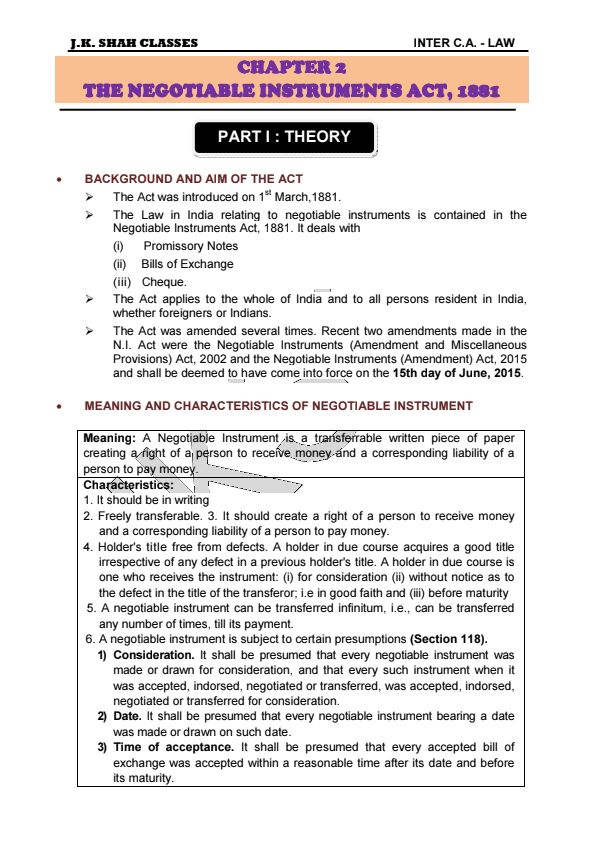 The Negotiable Instruments Act, 1881 Notes  by JK Shah Classes