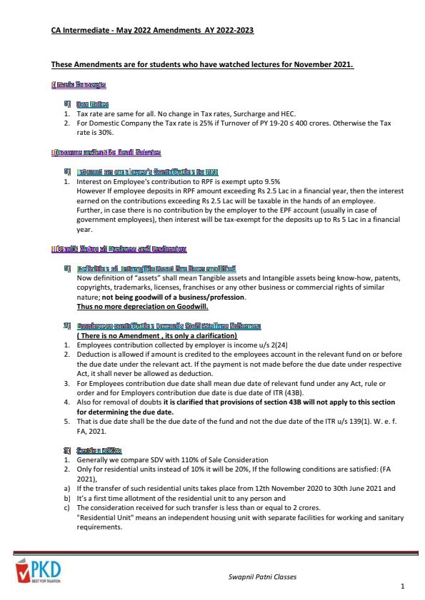 Taxation Amendments by Swapnil Patni Classes 