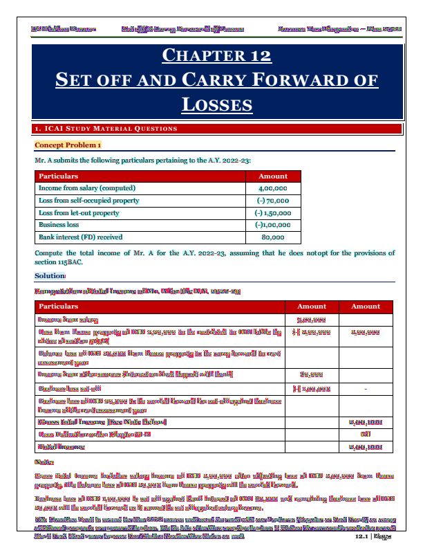 Chapter 12 Set Off and Carry Forward of Losses Compiler by CA Kishan Kumar 