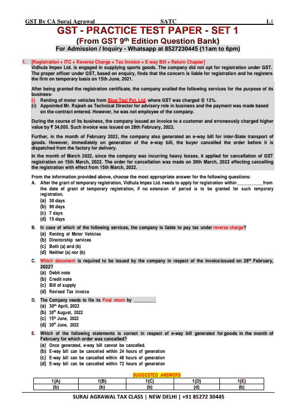 GST Practice Sheet Set-1 by CA Suraj Aggarwal 