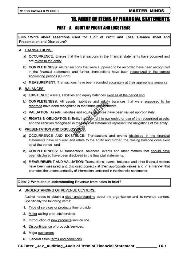 Audit of Items of Financial Statements Scanner Cum Notes by Masterminds 