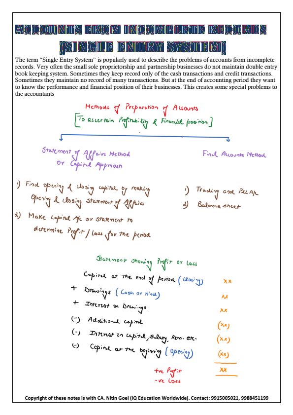 Accounts Single Entry Handwritten Notes 