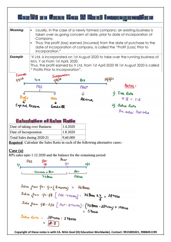 Profit or Loss Pre and Post Incorporation Handwritten Notes 