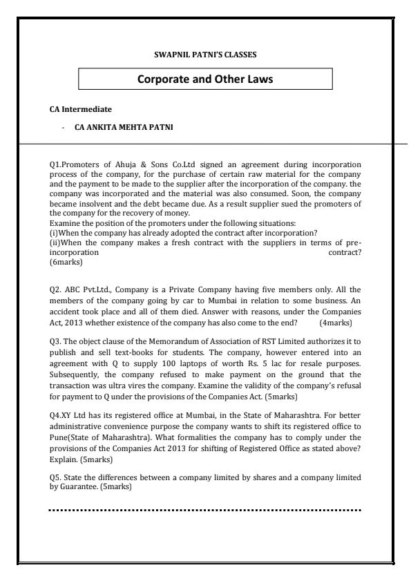 Law Test Paper for practice by CA Ankita Patni 