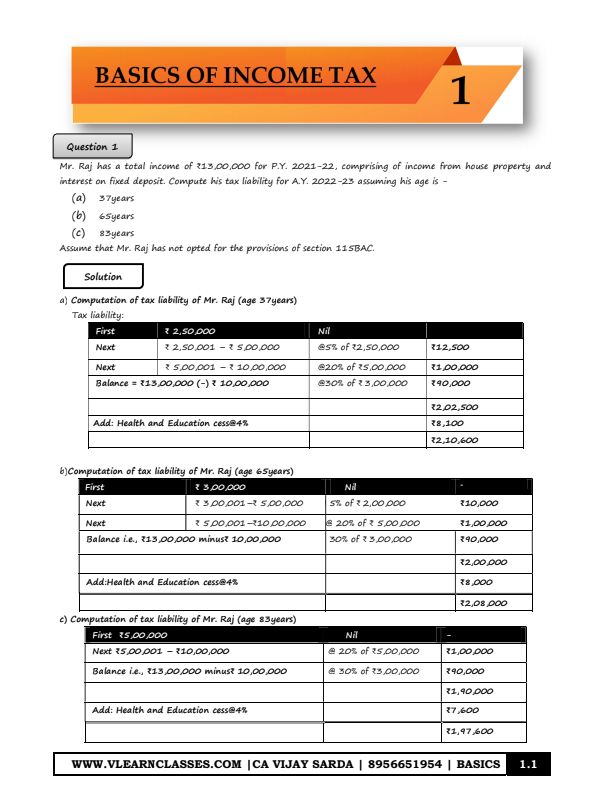 Basics of Income Tax Questions for Practice by CA Vijay Sarda 