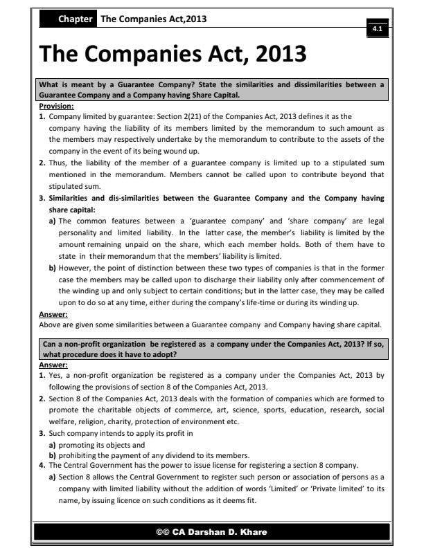 The Companies Act 2013| Practice Questions By CA CS Darshan Khare | 

