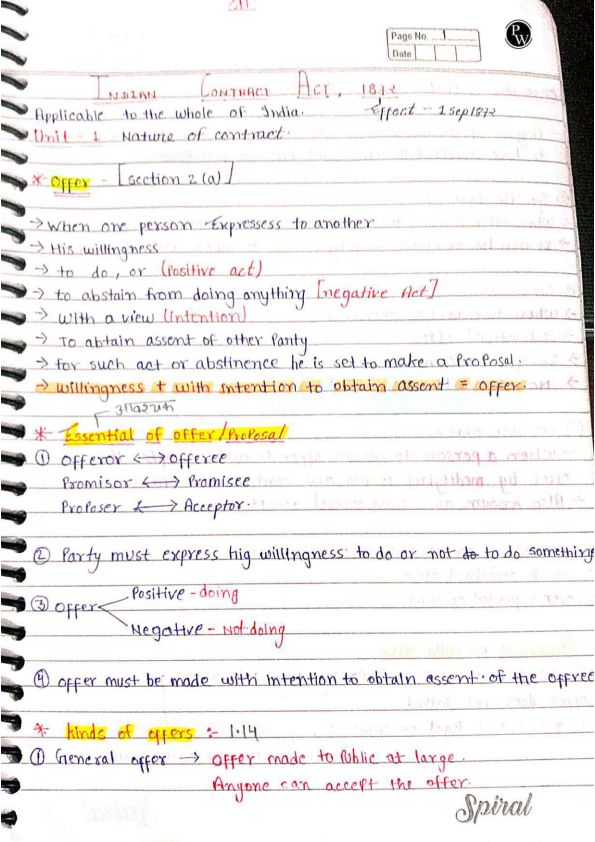 Handwritten notes of the Indian contract act, 1872