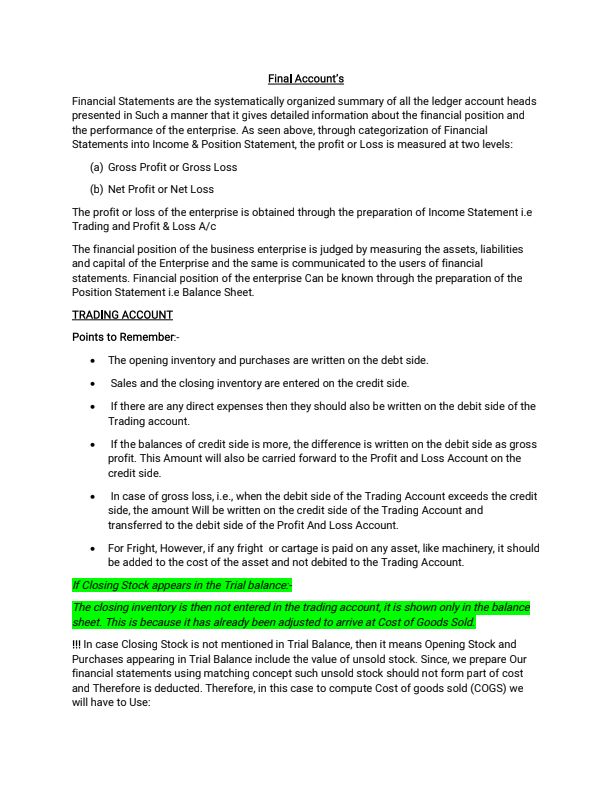 Final Account Notes
(As per theory PoV)