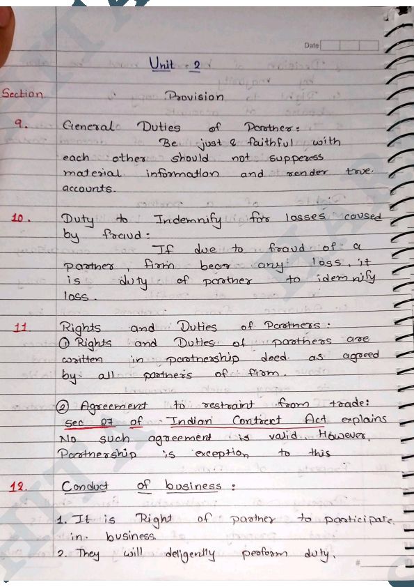 Unit 2 partnership act summary by studious harshita 
This is handwritten of harshita shared by everyone on this app this is the official owner's account of those handwritten notes 