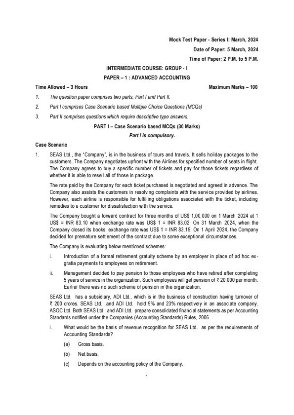 Mock Test Paper Series-1 
Advanced Accounting 
Relevant for May 24 

