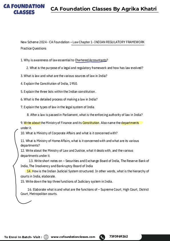 Chapter 1 indian regulatory framework // important question //law