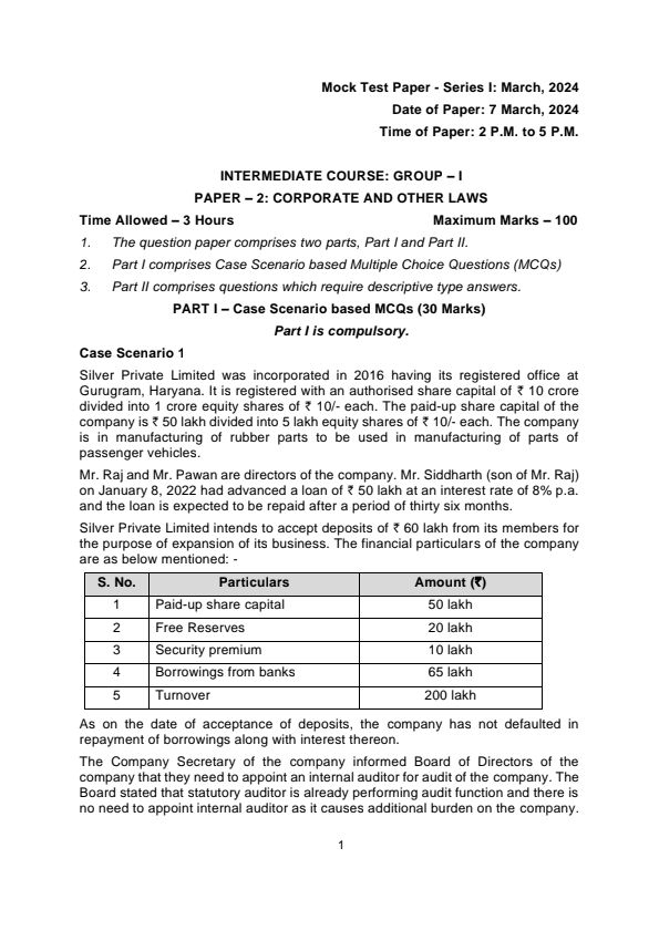 Mock Test Paper Series-1
Corporate and other laws
Relevant for May 24 