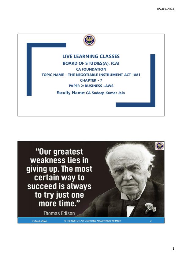 Law // chapter 7 //The Negotiable Instrument Act 1881// notes by ICAI