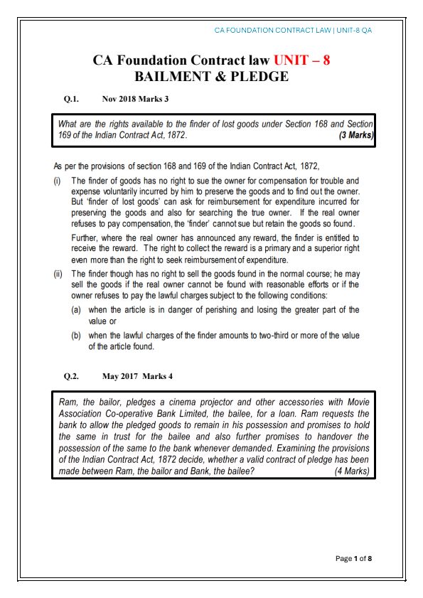 Ca foundation
Indian contract act,1872  UNIT-8
PYQ AND MTP,RTP ?