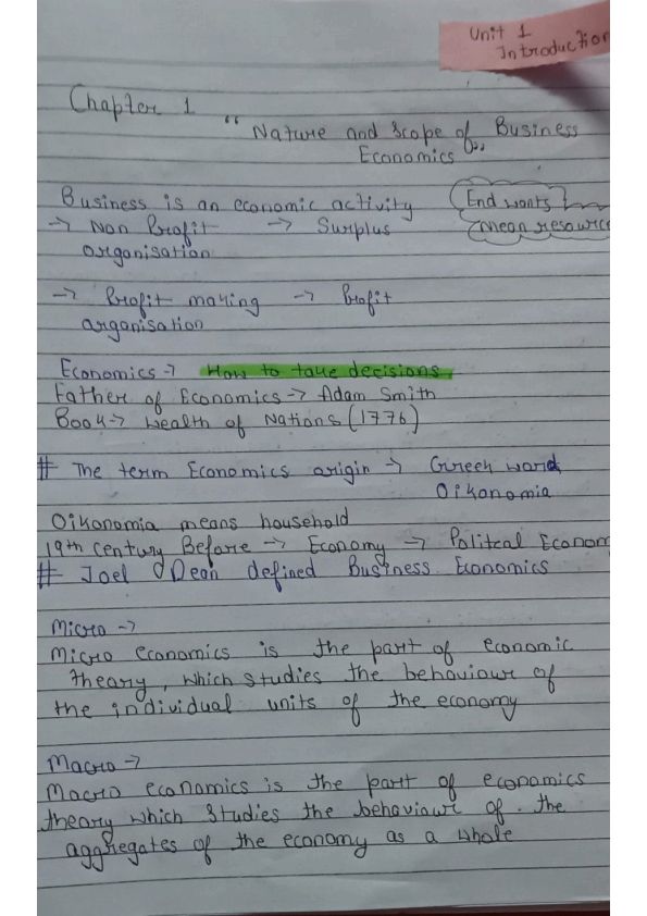 Hand written notes of unit one [  INTRODUCTION ]
 ?? ɴᴀᴛᴜʀᴇ ᴀɴᴅ ꜱᴄᴏᴩᴇ ᴏꜰ ʙᴜꜱɪɴᴇꜱꜱ ᴇᴄᴏɴᴏᴍɪᴄꜱ