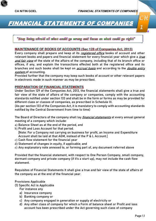 Notes of financial statements of company Advance accounts by CA Nitin Goel sir