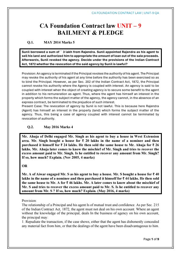Ca foundation Law
India contact act, 1872
UNIT--9
PYQ, MTP, RTP....?