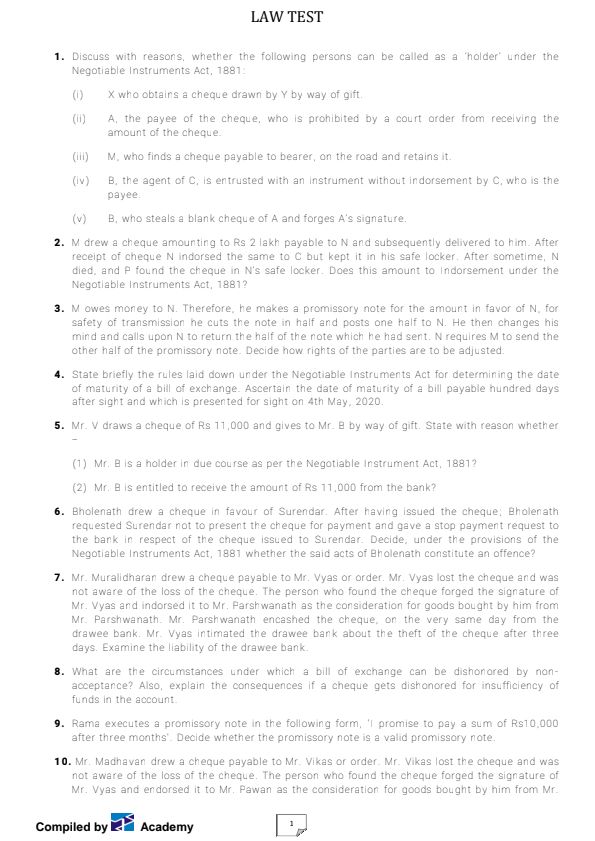 Negotiable Instrument Act
Question paper 