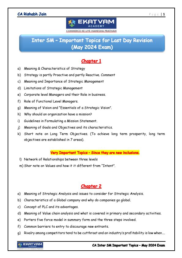 Important topics to be covered for SM