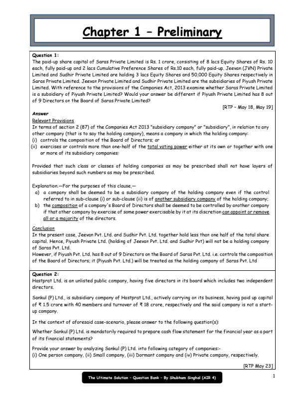 Corporate and other laws questions Bank by CA Shubham Singhal 