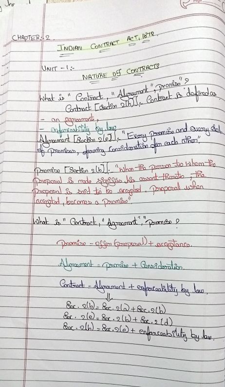 Indian contract act unit :1 handwritten notes 📝