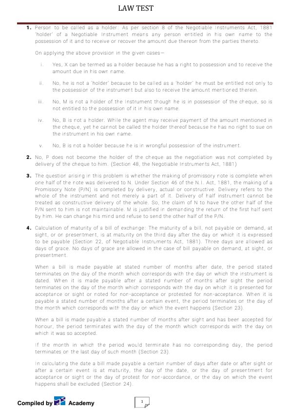 Answer for Negotiable Instrument Act question paper 