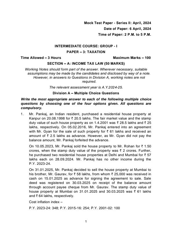 MTP Series-II For May-24 attempt 
Paper:3 Taxation