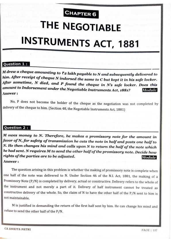 COMPANIES ACT AND NEGOTIABLE INSTRUMENTS ACT BY CA ANKITA PATNI QUESTION BANK 