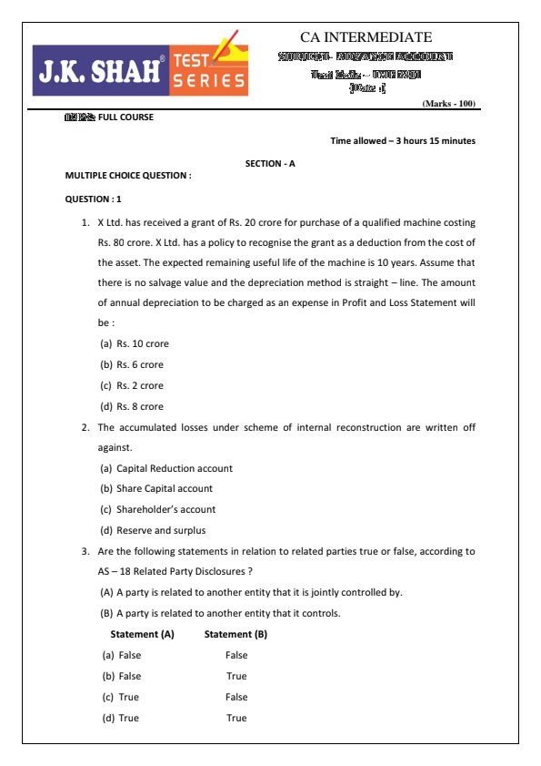 Advance Accounts question paper 1 by jk shah classes give your precious 3 hrs everyday to give your test honestly I will upload one paper daily best of luck FUTURE CA's