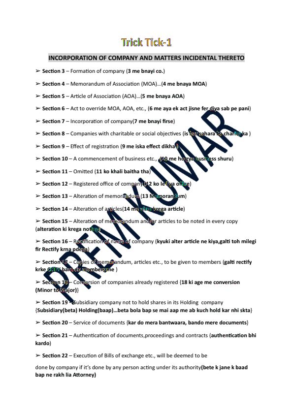 Easy Trick to remember all SECTIONS
Chapter -2 Incorporation of Co.
-Prem Kumar 