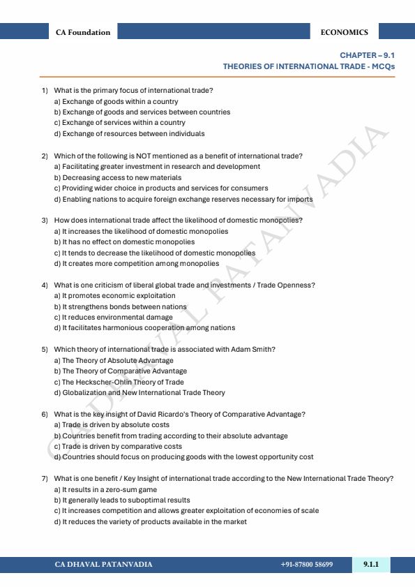 Chepter 9, international trade
Unit 1 MCQs. 
Practice questions and important questions.
