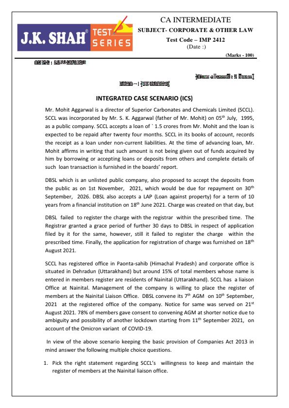Law paper-2 for ca intermediate by jk shah classes B.O.L. 