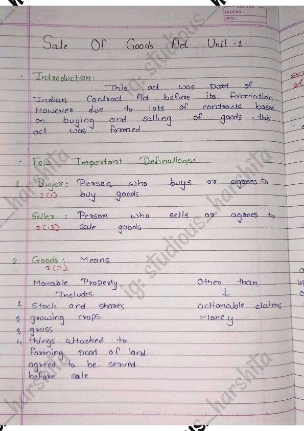 Business Law Chapter The Sale of Goods Act Handwritten Notes 💯📚