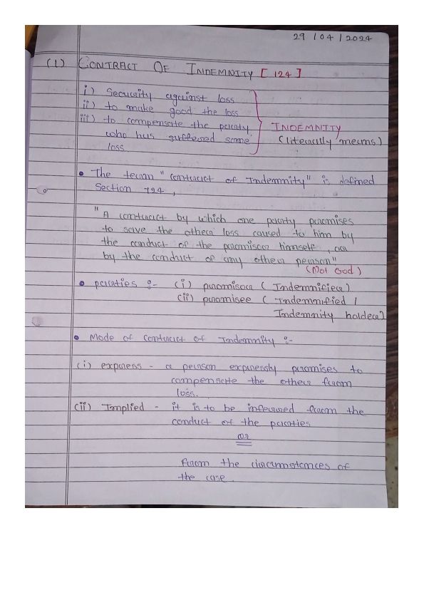 Contact of indemnity writing notes 
