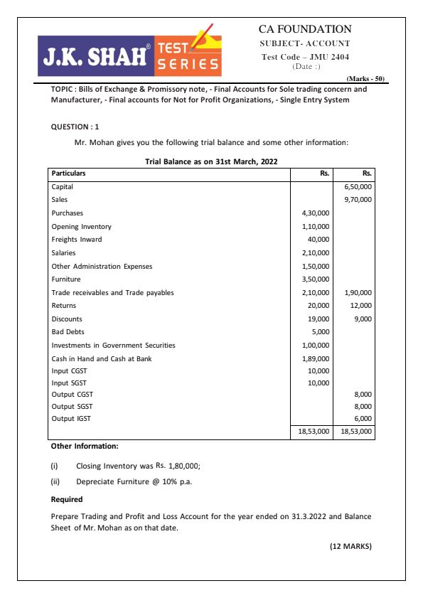 : Bills of Exchange & Promissory note, - Final Accounts for Sole trading concern and
Manufacturer, - Final accounts for Not for Profit Organizations, - Single Entry System