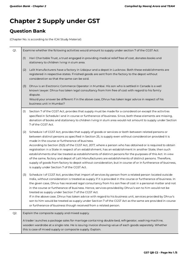 GST CH 2 SUPPLY UNDER GST 
( QUESTION BANK) 