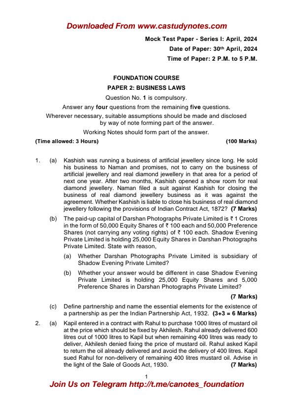 Business Laws June 24 MOCK TEST -1 ( Question paper )
