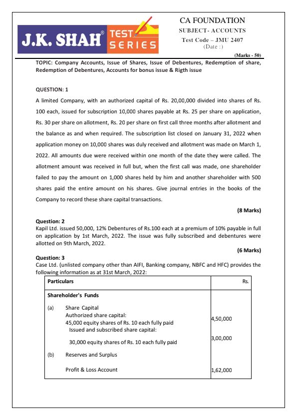Company Accounts, Issue of Shares, Issue of Debentures, Redemption of share,
Redemption of Debentures, Accounts for bonus issue & Right issue