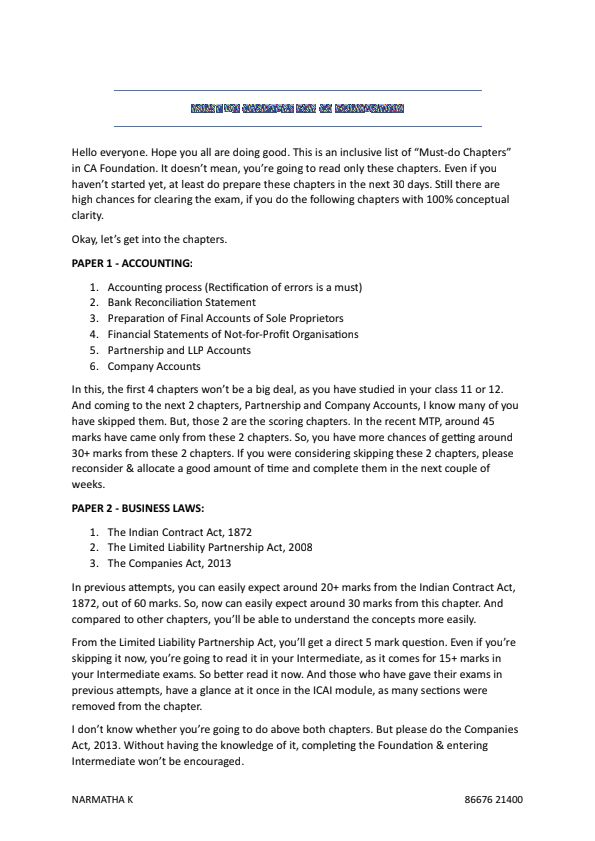Must do chapters for ca foundation 
