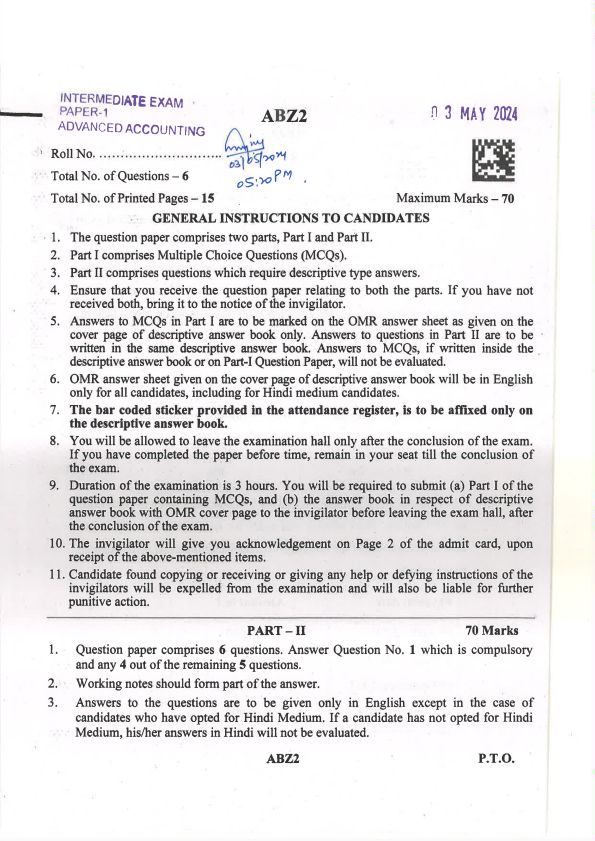 CA Intermediate May 2024 Accountancy Question Paper 