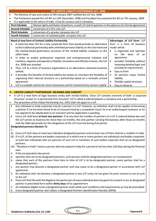Download LLP Act,2008 Notes pdf for CA Foundation - Detailed NotesNotes ...