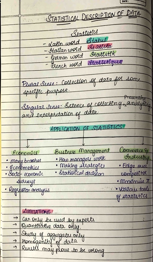Statistical description of data handwritten detailed notes