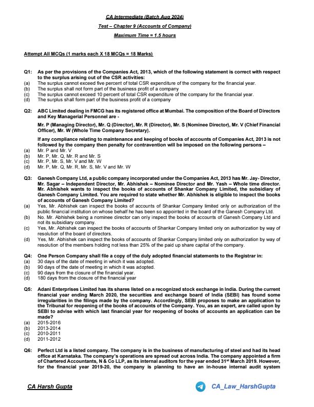 CA Inter Law Chapter wise Test Jan 25
Chp 9  Accounts Of Companies
This Questions Help You to Revise Chapter wise & MCQ  

Join me friends if you need anything