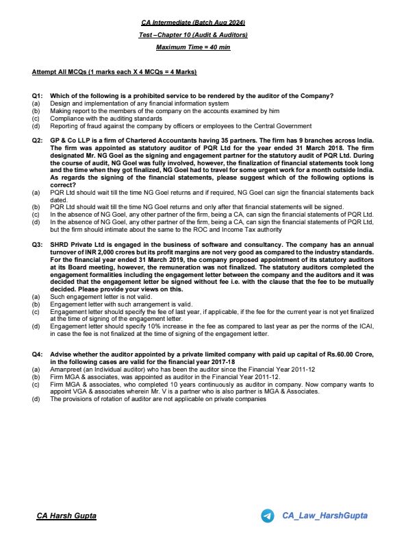 CA Inter Law Chapter wise Test Jan 25
Chp 10  Audit & Auditors
This Questions Help You to Revise Chapter wise & MCQ  

Join me friends if you need anything