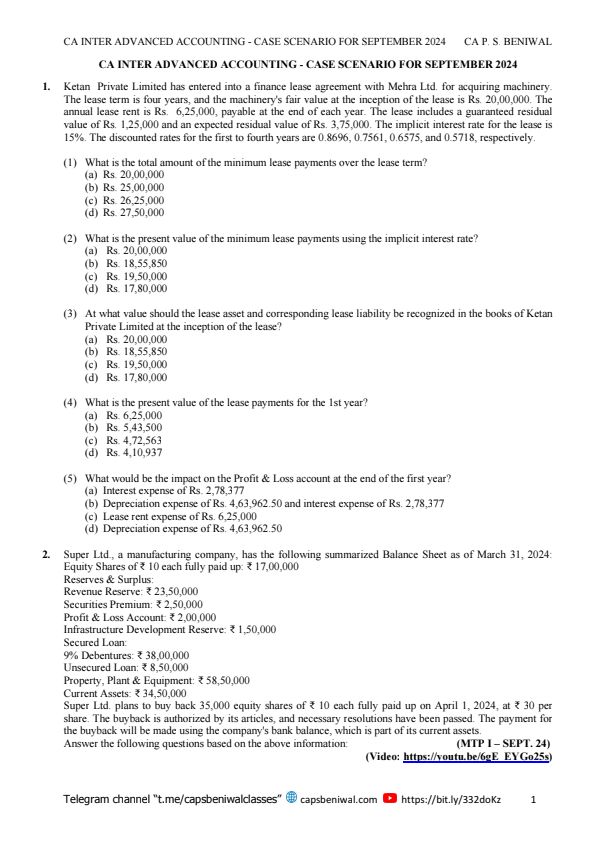 Advanced Accounting 
Case Study Based  MCQ 'S
