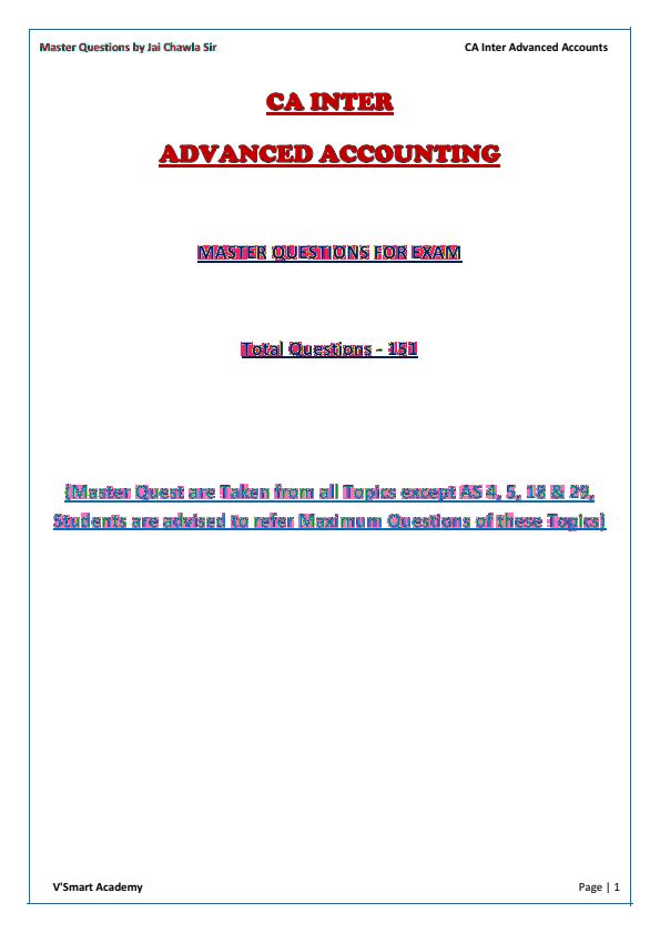ADVANCED ACCOUNTS MASTER QUESTIONS BY JAI CHAWLA SIR