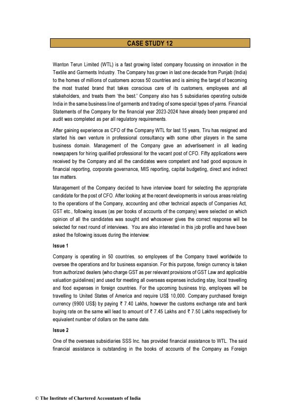 Case Study 12 For Practice By ICAI 